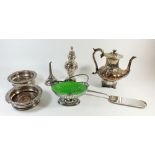 A silver plated coffee pot, sugar castor, pair of bottle coasters, wine funnel etc