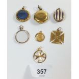 Four gold or yellow metal lockets and four various gold or yellow metal/pendants (only one marked