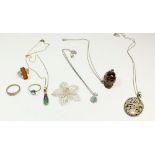 A selection of jewellery to include tigers eye skull pendant, other pendants and two silver rings