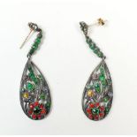A pair of 935 silver and paste floral pendant earrings