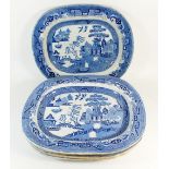 Five various large Victorian willow pattern meat plates