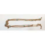 An antique long gold guard chain set turquoise beads, 160cm, 20g