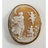 A finely carved 19th century cameo brooch with muse and cherubs in 9ct gold surround, 5 x 4cm