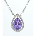 A platinum set pear cut amethyst pendant suspended within diamond set surround (amethyst 2.5cts)