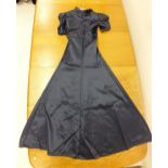 Two black velvet evening coats and a blue satin evening dress, small size