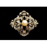 A 19th gold brooch set diamonds and central pearl, unmarked, 6.1g, 3cm sq