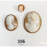 Two 9ct gold cameo brooches and a 9ct gold cameo ring