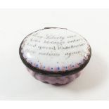 An early 19th century pink enamel oval pill box with text to lid 'May Liberty ever Life's blessing