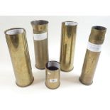 A selection of 5 WW1 period shell cases, to include a pair of 1917 18 pounders, a 1916 18 pounder, a