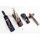 Three woodworking planes comprising:- Stanley No 4, Paramo No 10 and Stanley No 220 plus a marking