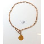 A 9ct rose gold watch chain Birmingham 1900, 46g and a gold Georgian spade Guinea, mounted and