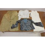 A box of 1960's clothing to include: gilt knitted dress, silk/velvet jacket, Marcelle Belin velvet