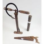 A selection of militaria objects to include a WW2 period saw, a war period document/map tube and a