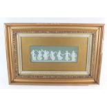 A late Victorian Wedgwood Jasperware green plaque decorated Dancing Hours pattern, framed and