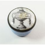 A late 18th century small enamel patch box decorated urn, inscribed 'Love her who gives thes