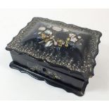 A Victorian papier mache box with mother of pearl floral inlay, a/f