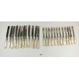 A set of 12 Edwardian silver plated and mother of pearl handled knives and forks