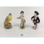 Two Capodimonte miniature figures and a Royal Worcester Wood Warbler