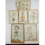 A group of six WWII cartoon watercolours of officers, dated 1944 to 1947, largest 34 x 23cm