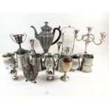 A box of silver plated and pewter items to include a James Dixon coffee pot etc.