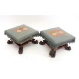 A pair of Victorian square tapered footstools in 17th century style on mahogany scroll feet, 29 x