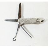 A silver gentleman's small folding penknife with corkscrew, pipe cleaner and two blades,