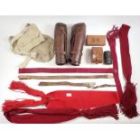 A pair of leather spats, ceremonial military sashes, snuff box, leather cases etc