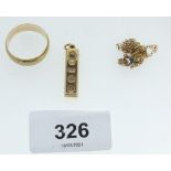 A 9ct gold miniature ingot pendant 5g, a 9ct gold wedding ring 3.3g a/f and a 9ct gold chain a/f 0.
