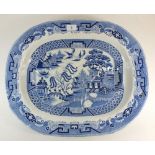 A 19th century Pearlware willow pattern meat plate with gravy well, 54 x 43cm