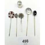 Five various antique and later stick pins including silver and banded agate examples