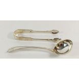 A Georgian silver sauce ladle - marks obscure and a Victorian pair of silver sugar tongs, London