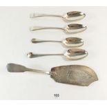 A silver fish slice, London 1812 and four various silver tablespoons, 360g