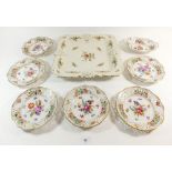 A large Rosenthal floral printed square serving dish and a set of six floral printed plates and oval