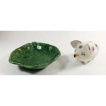 A green Majolica leaf moulded dish and an Arthur Wood pig money box