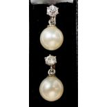 A pair of white metal and pearl and diamond drop earrings, 2.3g