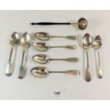 A group of eight Georgian teaspoons - 155g, and a wine ladle, London 1799 by Elizabeth Morley or