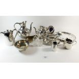 A box of silver plated items including Walker & Hall tea and coffee pot and Sorley tray