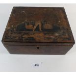 A 19th century lacquered box with marquetry decoration - a/f, 24cm wide