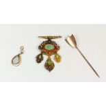 A continental filigree pendant set green stones on replacement bar brooch plus yellow metal and opal