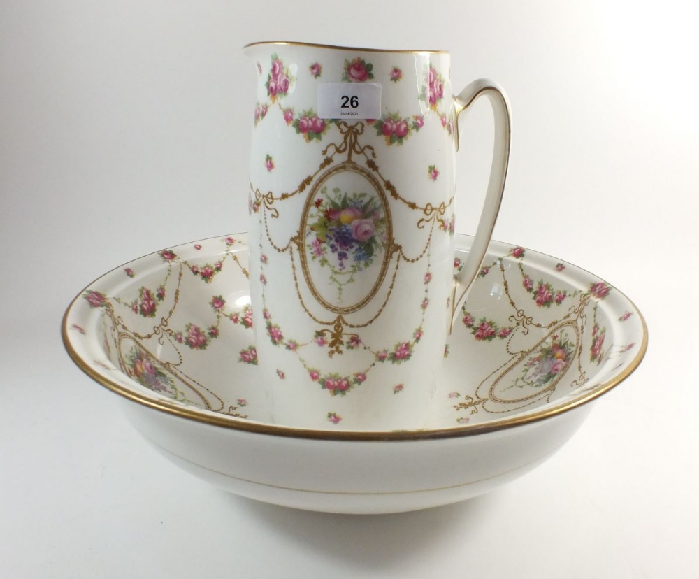 A Royal Doulton jug and bowl printed roses and swags (bowl a/f)