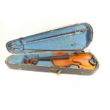 An early 20th century violin with 14" two piece back with two bows and case