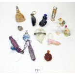 A box of various novelty glass miniature scent bottles etc. and two miniature porcelain birds