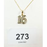 A 9ct gold 16th birthday pendant on necklace, gross weight 1.7g