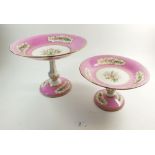 Two 19th century Copeland cake stands with floral painted decoration on pink ground