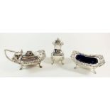 A silver plated cruet set with foliage borders comprising: salt, mustard and pepper pot (with