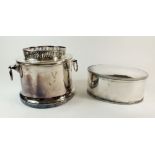 A silver plated bottle holder with wooden base and a silver plated biscuit box