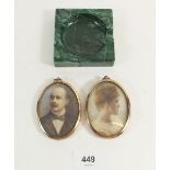 A malachite ashtray, 8cm square and two watercolour tinted photographic miniatures