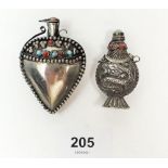 An Eastern white metal scent bottle set coral and turquoise, 6cm and another similar decoration