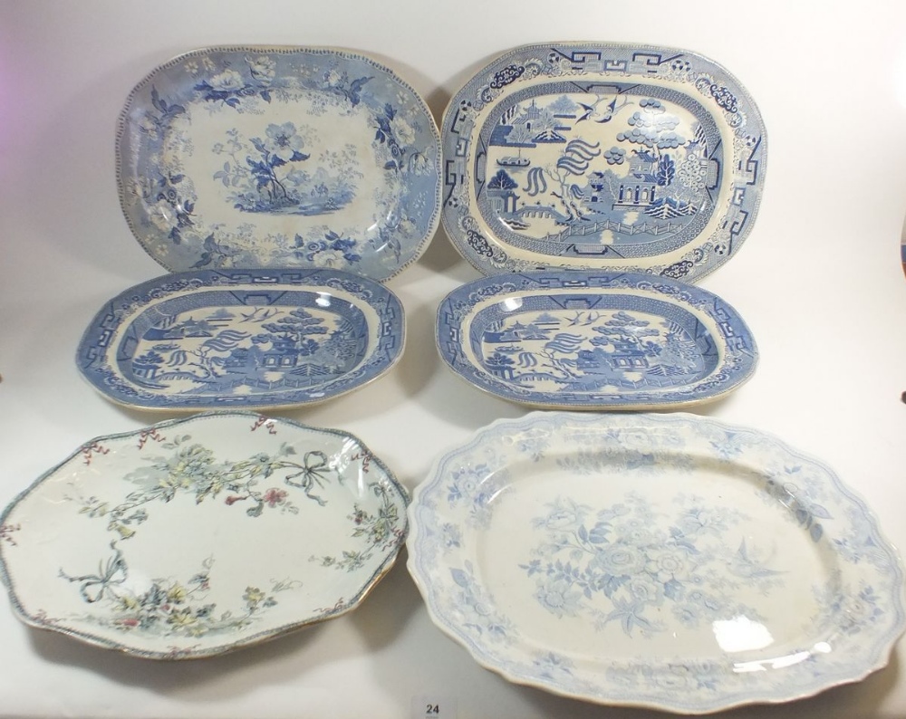 Five blue and white meat plates including "Botanical Beauties" and Willow pattern plus one other