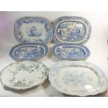 Five blue and white meat plates including "Botanical Beauties" and Willow pattern plus one other